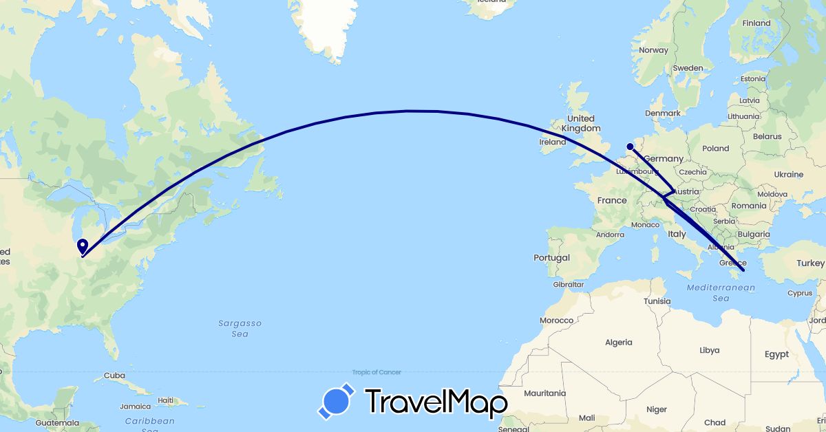 TravelMap itinerary: driving in Austria, Switzerland, Germany, United Kingdom, Greece, Ireland, Italy, Netherlands, United States (Europe, North America)